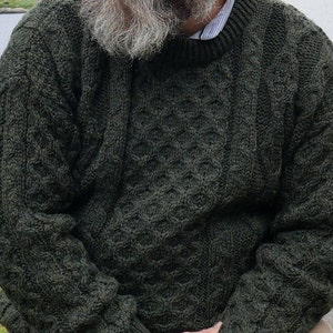 Traditional Aran Sweater 100% Pure New Wool / Pure Soft Merino Wool Dark Green Chunky & Heavy Proper Irish Sweater MADE IN IRELAND image 2