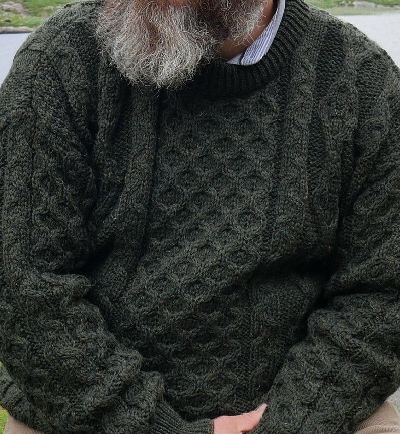 Traditional Aran Sweater 100% Pure New Wool / Pure Soft Merino Wool Dark Green Chunky & Heavy Proper Irish Sweater MADE IN IRELAND image 2