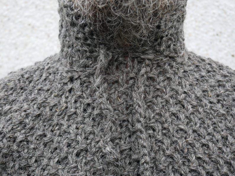 Irish Medieval sweater hooded dragon scale pattern 100% raw wool-organic-hand spun wool yarn UNDYED grey Hand knitted in Ireland image 6