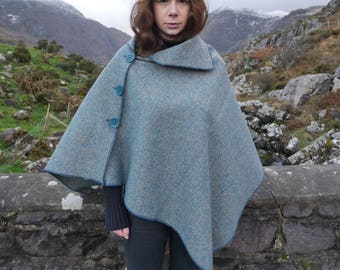 Versatile 3in1-Irish tweed poncho, cape & shawl - turquoise / grey - 100% wool - ready for shipping - Handmade in Ireland