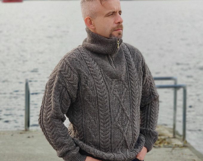 Heavyweight Irish Aran Half-Zip Sweater, Dark Jacob Brown, Undyed Pure New Wool