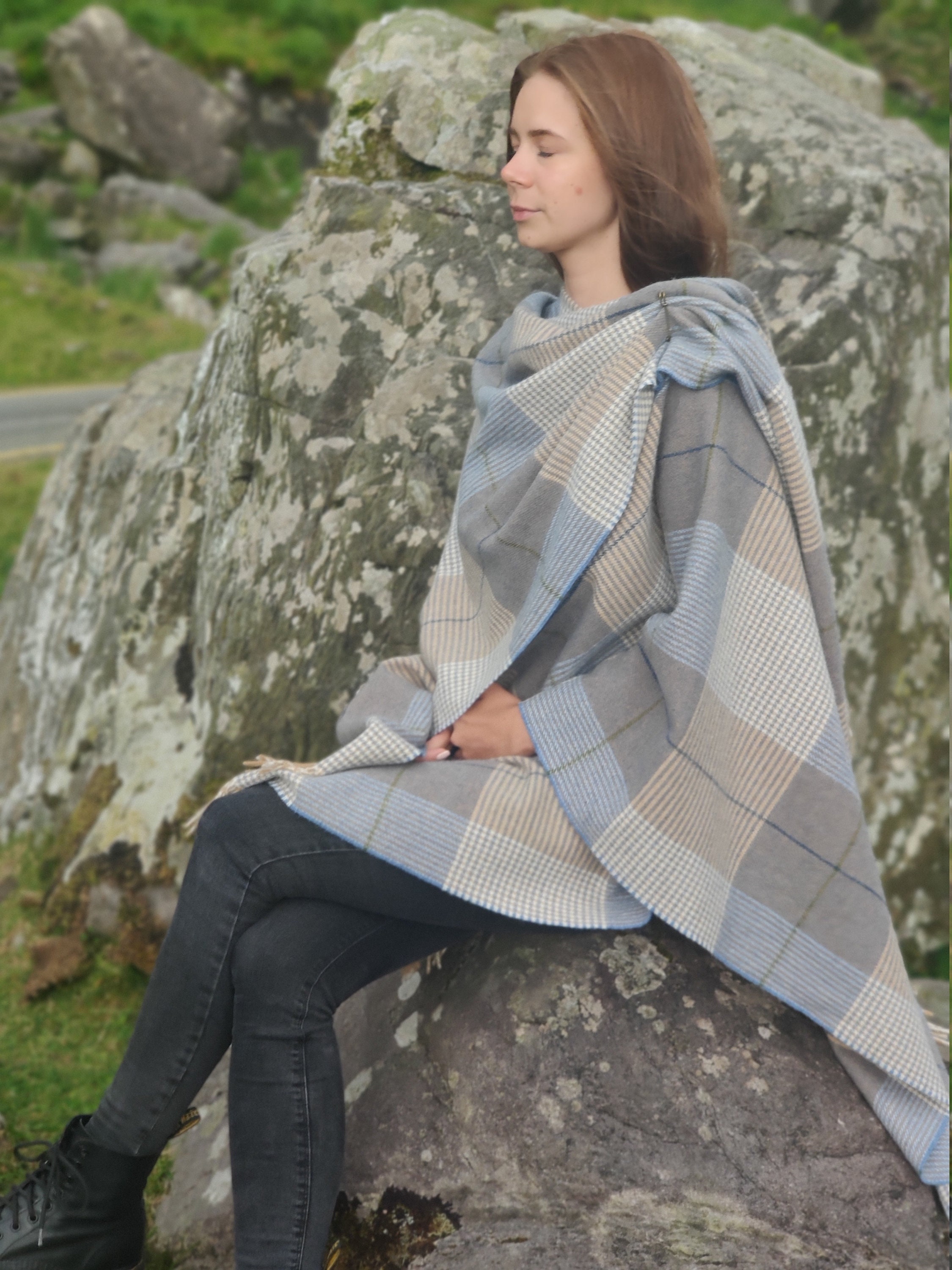 Hooded Irish Pure Lambswool Cape, Ruana, Wrap , Shawl - 100% Pure New Wool  - Grey Denim Check - Supersoft - HANDMADE IN IRELAND