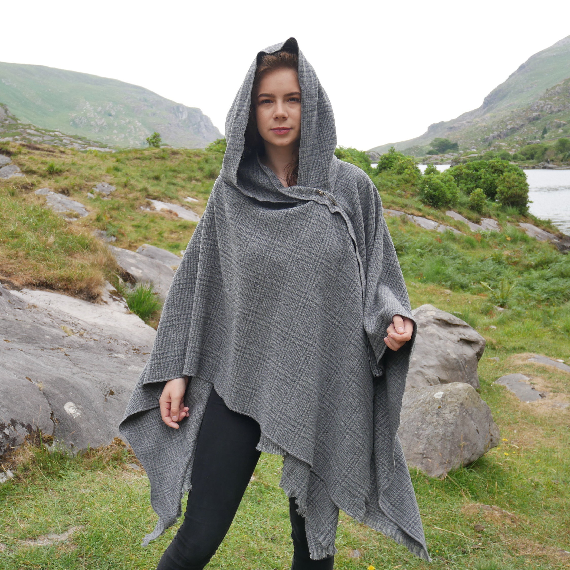 Irish wool hooded ruana, wrap, arisaid - grey tartan , plaid - ready ...