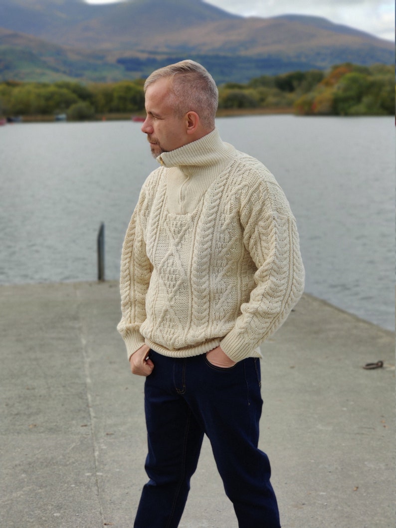 Organic Irish Wool Aran Half Zip Sweater Cream Undyed 100% Pure New Wool Chunky & Heavy Proper Aran Sweater MADE IN IRELAND image 1