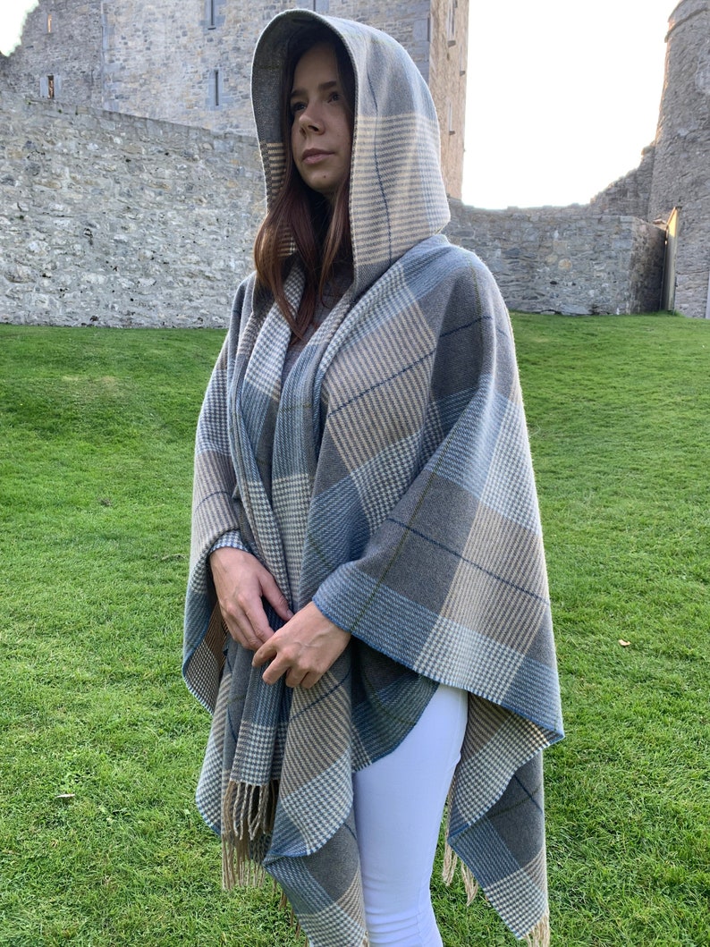 Hooded Supersoft Lambswool Cape, Ruana, Wrap , Shawl 100% Pure New Wool Cream Taupe Denim Check One Size Fits All HANDMADE IN IRELAND image 1