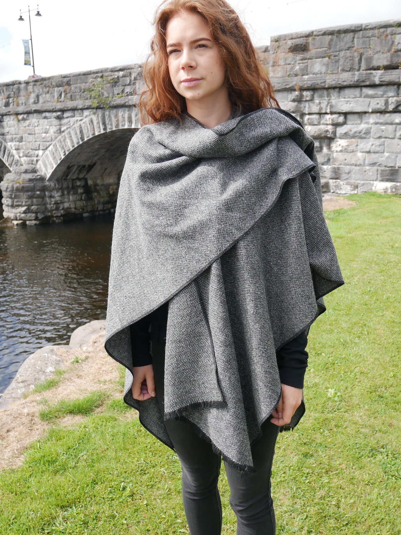 Irish Donegal Tweed Wool Ruana, Wrap, Cape, Cloak, Arisaid - Black ...