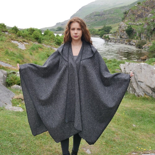 Irish Donegal Tweed Wool Hooded Ruana, Cape - Charcoal/Grey Salt & Pepper - Speckled -100% Pure New Wool - heavy tweed shops - HANDMADE IN IRELAND