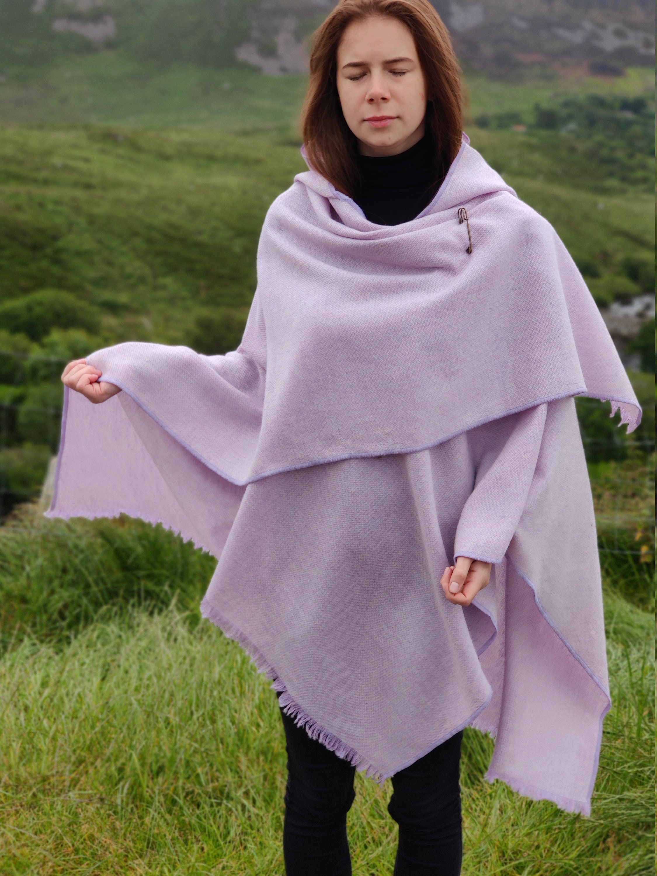 Irish wrap, ruana, cape, cloak - hooded - 100% pure new wool - lilac ...