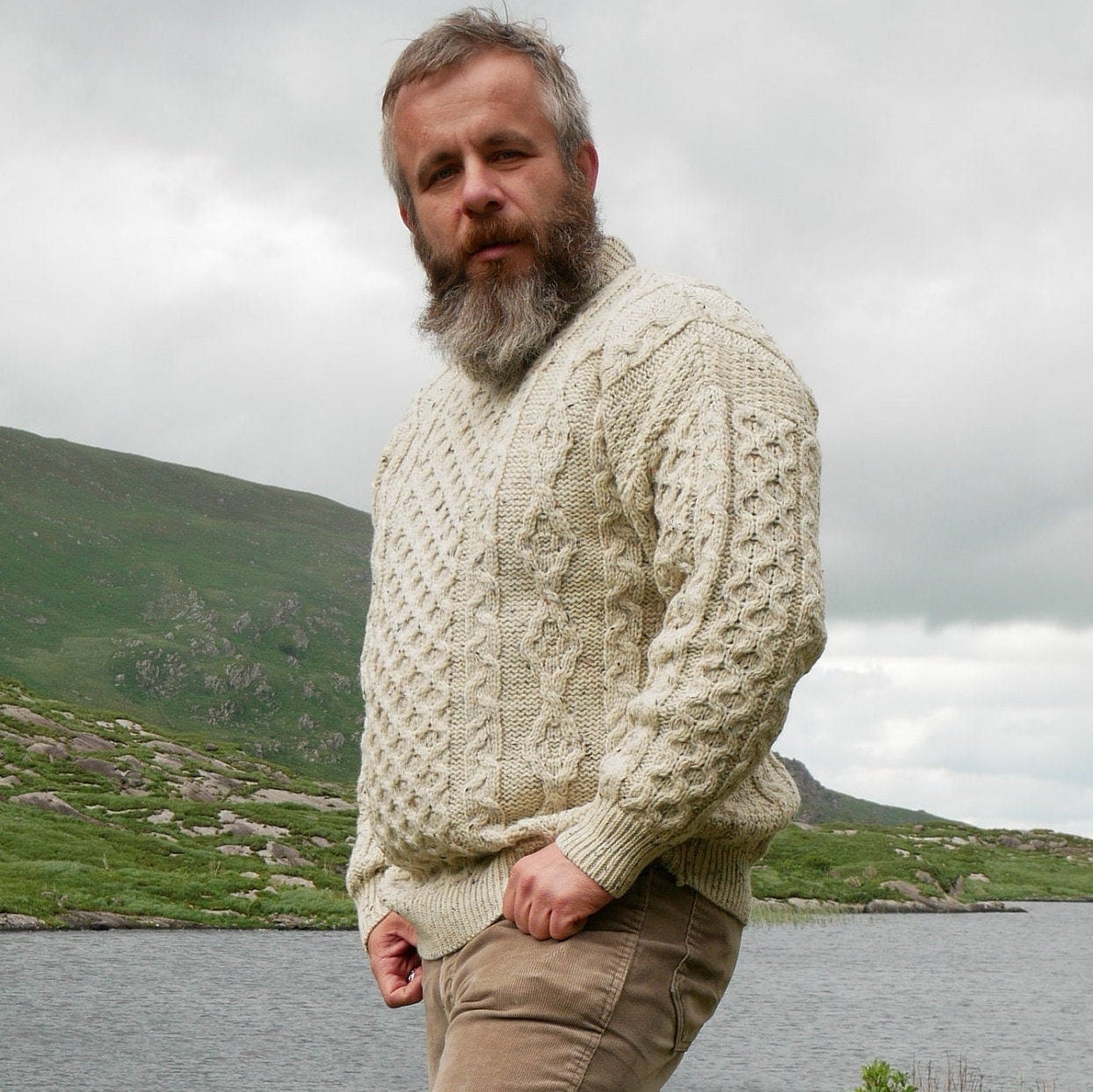 Traditional Aran Sweater - 100% Pure New Wool - Cream With