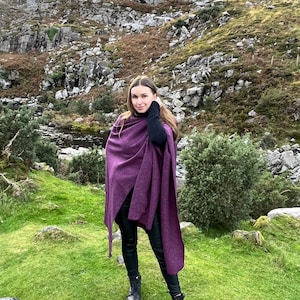 Irish Donegal Tweed Hooded Ruana, Wrap, Cape, Cloak, Robe - Purple Wine Herringbone - 100% Pure New Wool - Speckled - HANDMADE IN IRELAND image 5