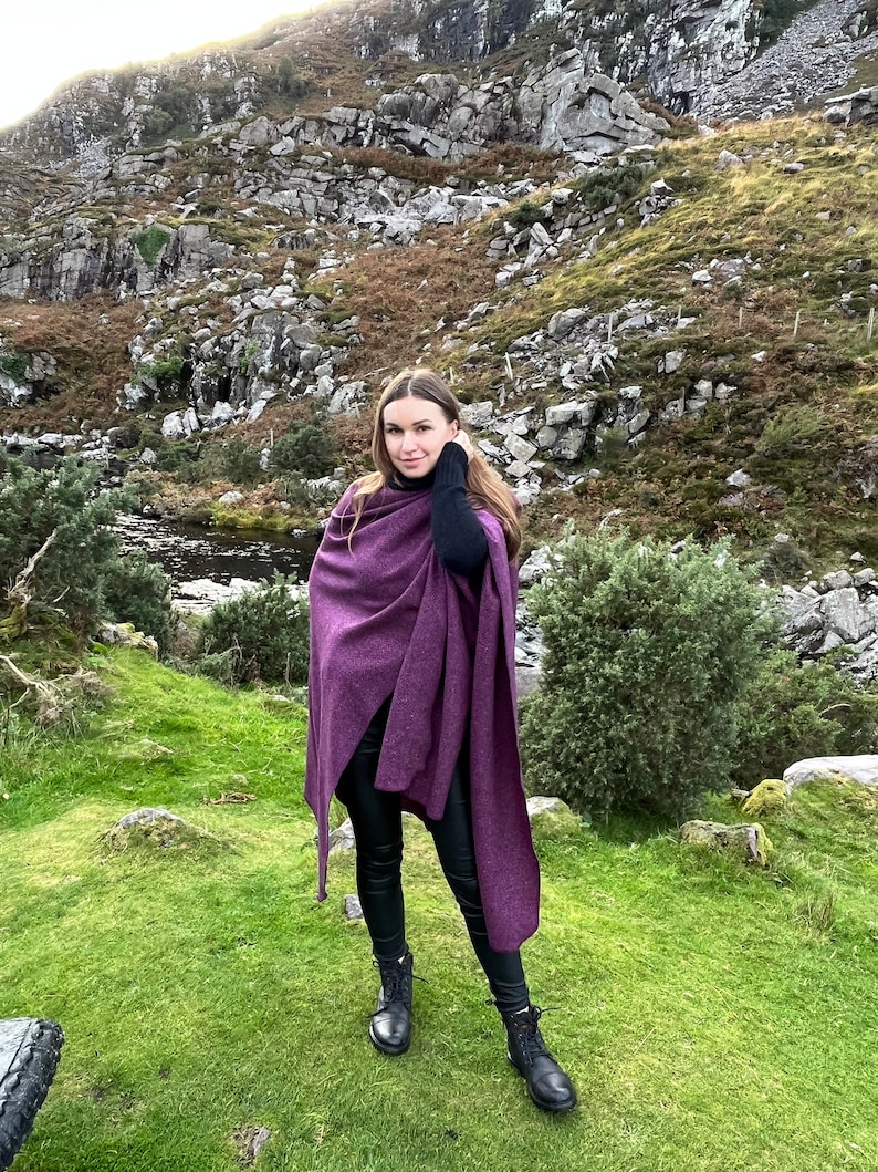 Irish Donegal Tweed Hooded Ruana, Wrap, Cape, Cloak, Robe - Purple Wine Herringbone - 100% Pure New Wool - Speckled - HANDMADE IN IRELAND image 5