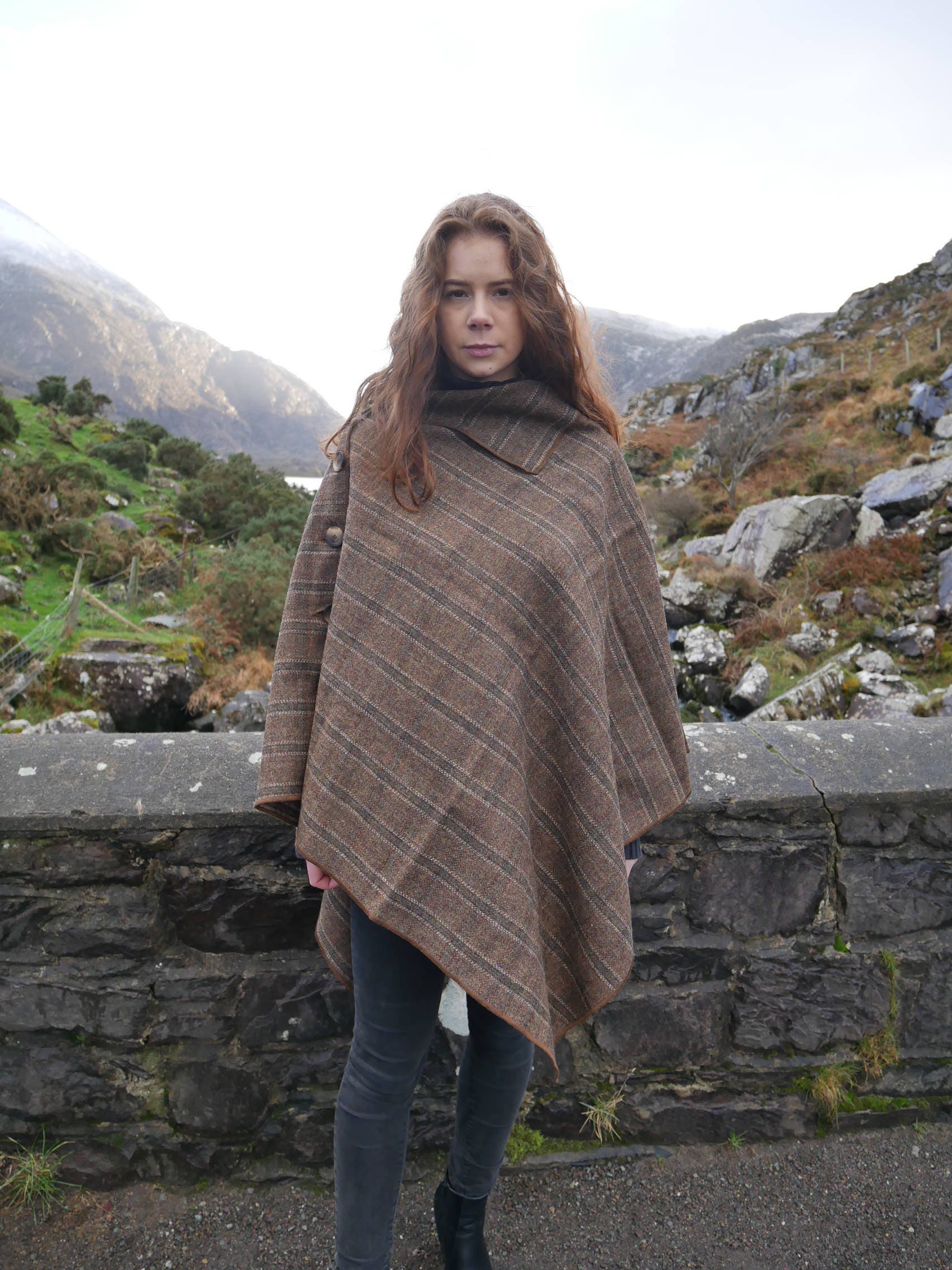 Versatile 3in1-Irish tweed poncho, cape & shawl - brown Irish tartan ...