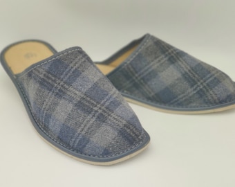 Irish Donegal tweed & genuine leather slippers - hardened foam sole - grey/navy tartan/plaid check - ready for shipping - MADE IN IRELAND