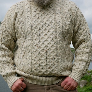 Traditional Aran Sweater 100% Pure New Wool Cream With Multicolour Fleck Nep Really Warm And Chunky MADE IN IRELAND image 2