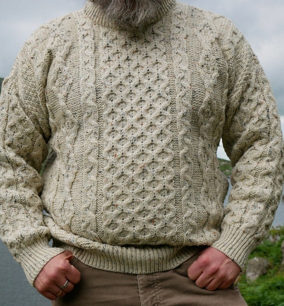 Traditional Aran Sweater 100% Pure New Wool Cream With Multicolour