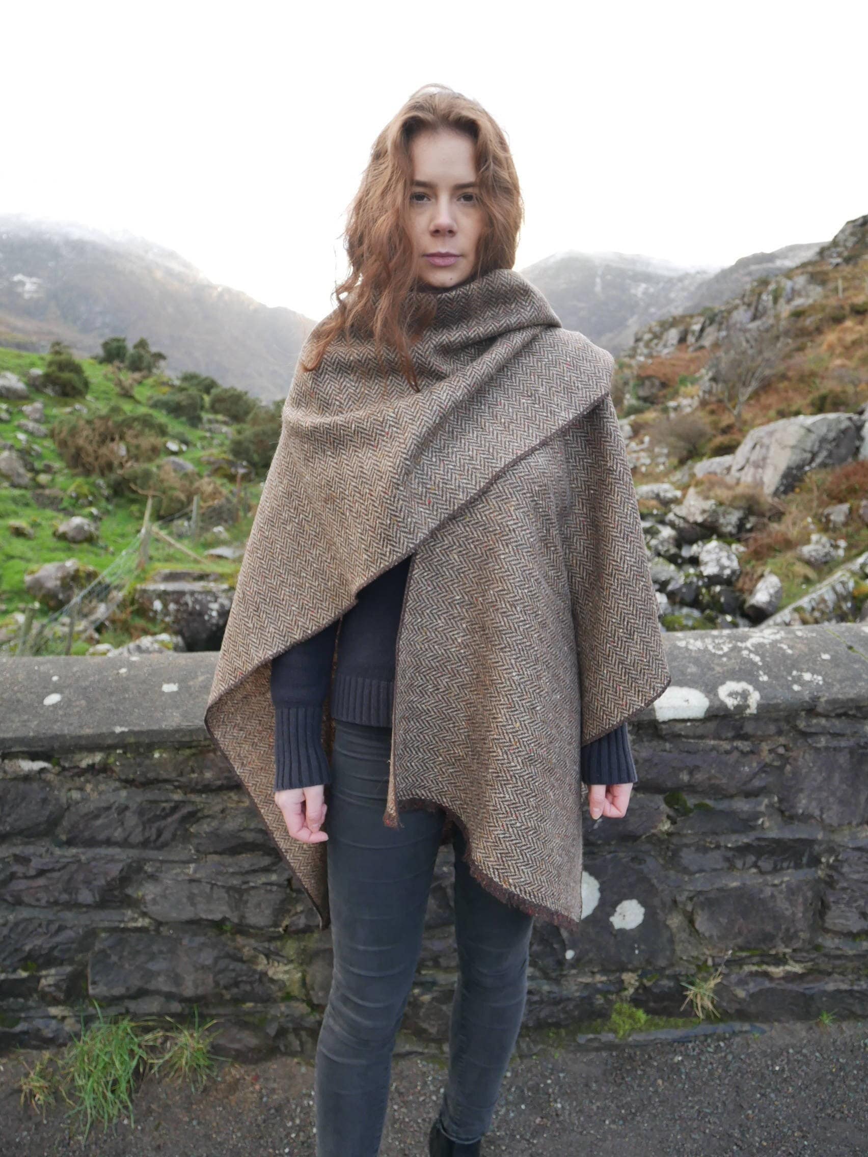 Irish Donegal Tweed Ruana, Wrap, Cape, - Brown/Beige Herringbone With ...