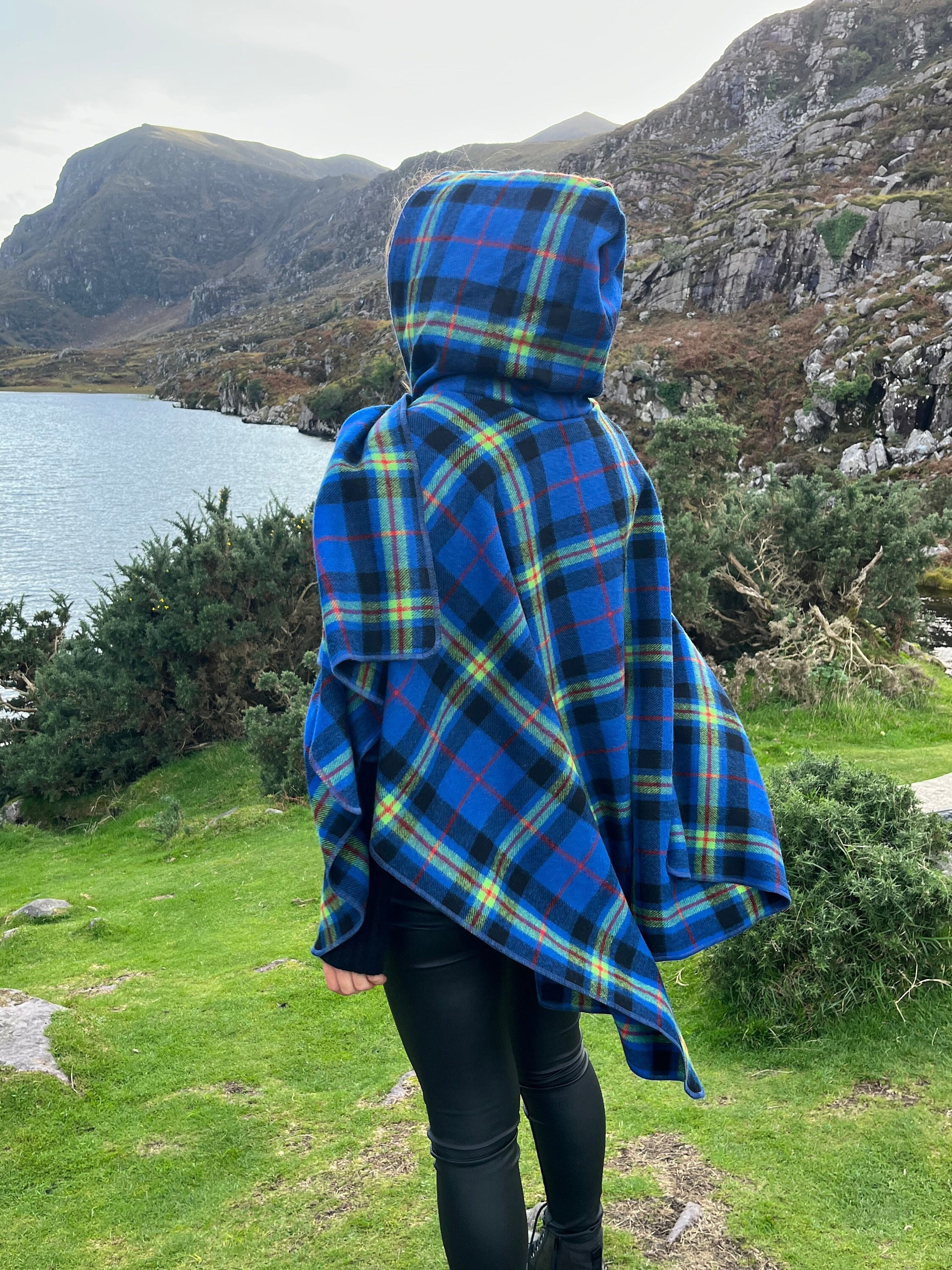 Hooded Irish Pure Lambswool Cape, Ruana, Wrap , Shawl - 100% Pure New Wool  - Grey Denim Check - Supersoft - HANDMADE IN IRELAND