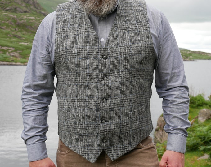 Irish Tweed Waistcoat - Peaky Blinders Style Vest - Grey Tartan/Plaid With Blue Thread - 100% Pure New Wool - Lined - HANDMADE IN IRELAND