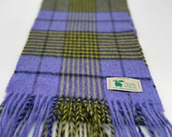 Luxurious Irish Lambswool Scarf in Peri Peri Purple and Golden Yellow Tartan Plaid - Handcrafted Elegance for Winter - Long -MADE IN IRELAND