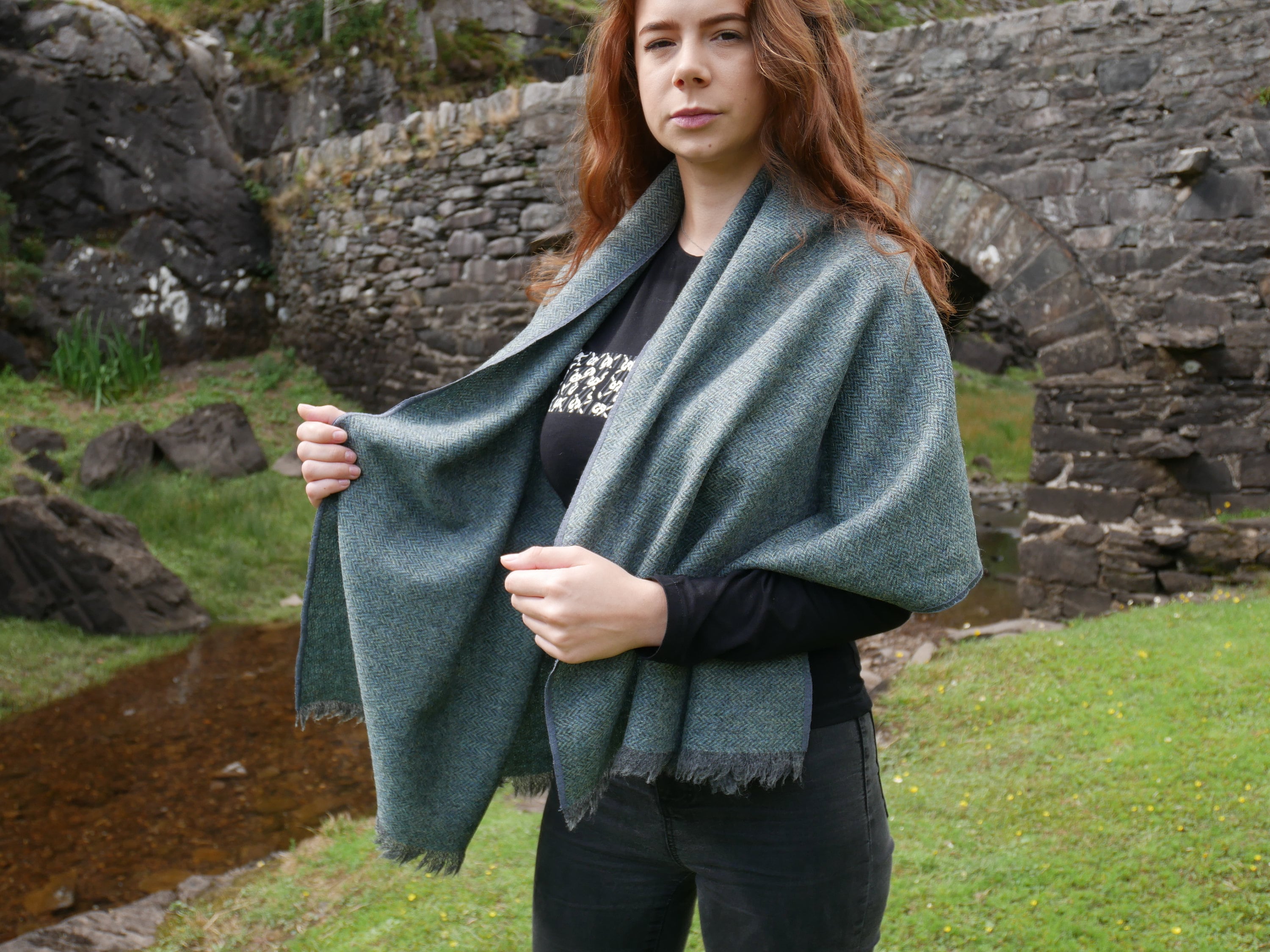 Irish Donegal tweed wool shawl, oversized scarf, stole -grey/turquoise ...