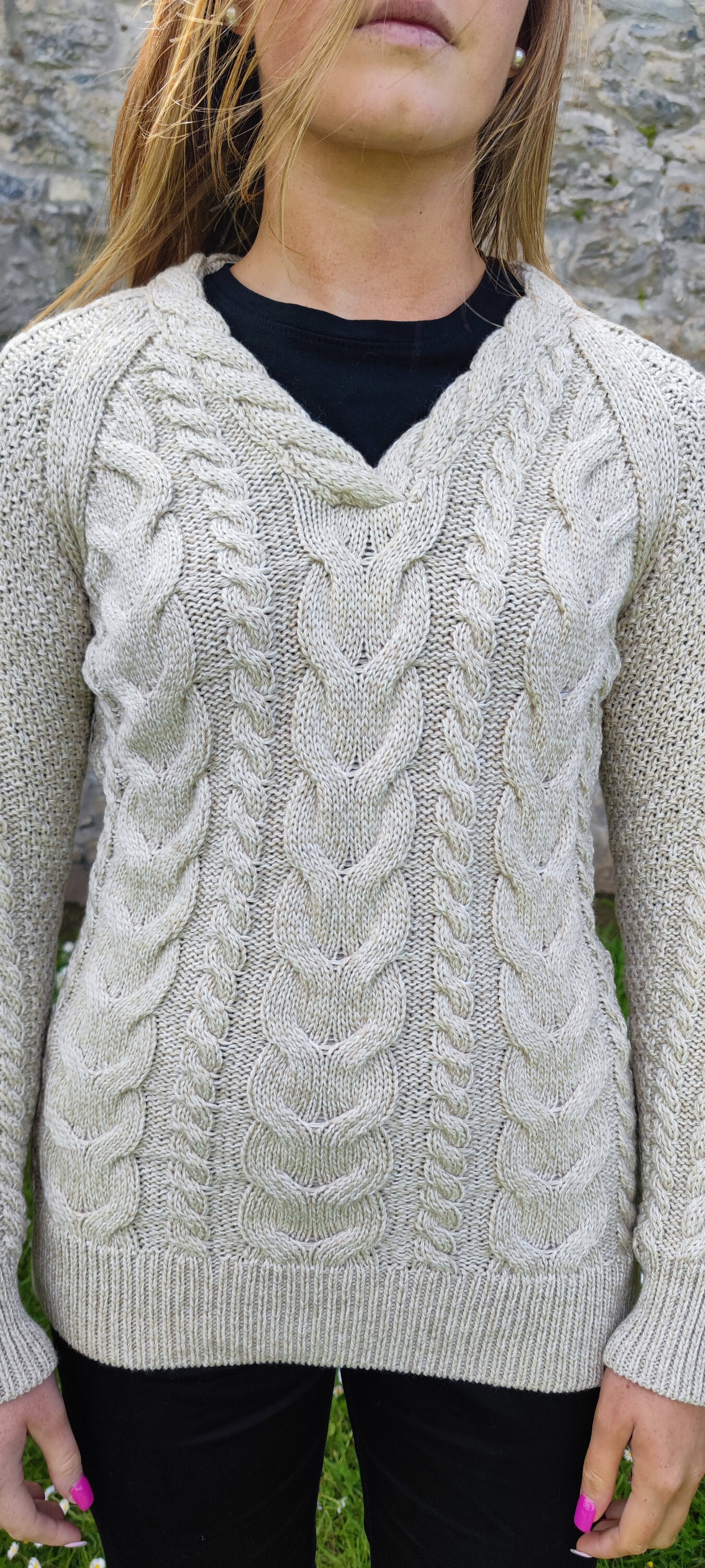 Ladies Irish Aran Cashmere Merino Wool Long Sweater Beige Parsnip Oatmeal V neck Super Soft Warm Chunky HANDMADE IN IRELAND