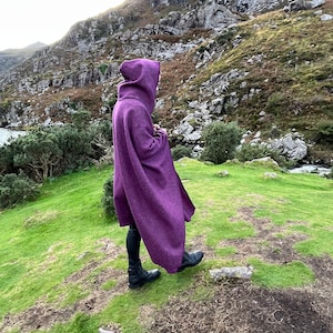 Irish Donegal Tweed Hooded Ruana, Wrap, Cape, Cloak, Robe - Purple Wine Herringbone - 100% Pure New Wool - Speckled - HANDMADE IN IRELAND image 7