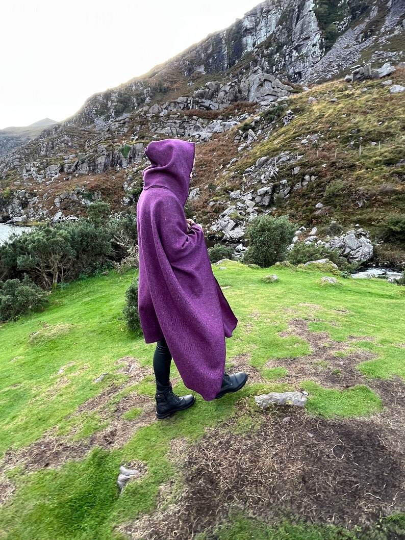 Irish Donegal Tweed Hooded Ruana, Wrap, Cape, Cloak, Robe - Purple Wine Herringbone - 100% Pure New Wool - Speckled - HANDMADE IN IRELAND image 7