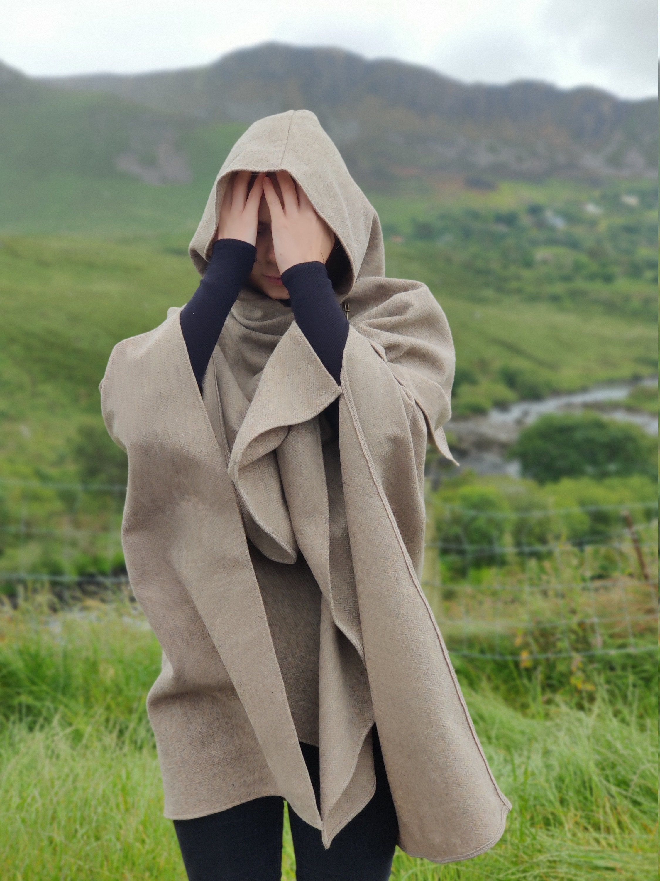 Irish woven wool hooded ruana wrap. cape, cloak, arisaid - pale herringbone  - HANDMADE IN IRELAND