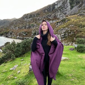 Irish Donegal Tweed Hooded Ruana, Wrap, Cape, Cloak, Robe - Purple Wine Herringbone - 100% Pure New Wool - Speckled - HANDMADE IN IRELAND image 4