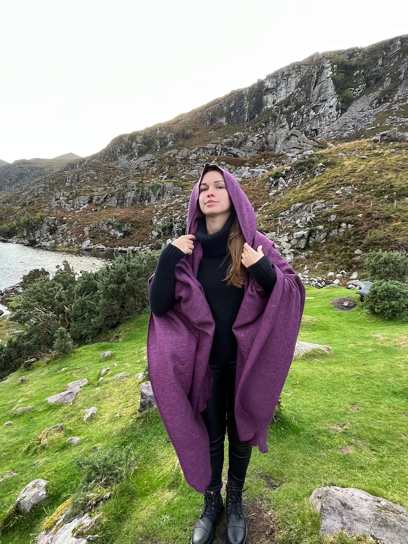 Irish Donegal Tweed Hooded Ruana, Wrap, Cape, Cloak, Robe - Purple Wine Herringbone - 100% Pure New Wool - Speckled - HANDMADE IN IRELAND image 4