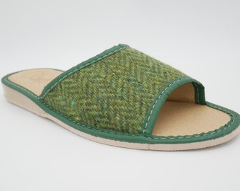 Womens Irish tweed & leather slippers -  open toes -  green herringbone - house shoes - HANDMADE IN IRELAND