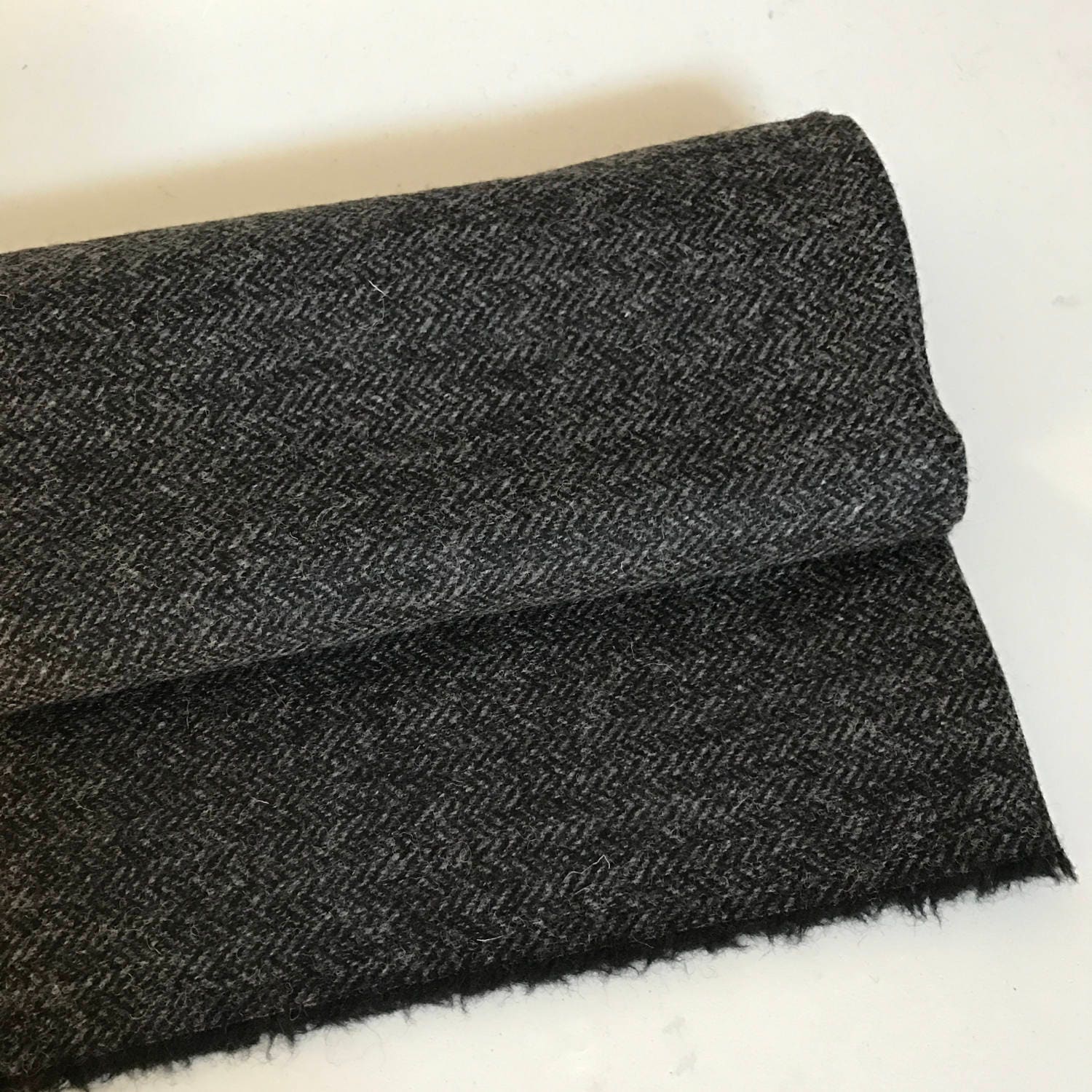 Irish tweed 100% wool fabric - black & grey herringbone