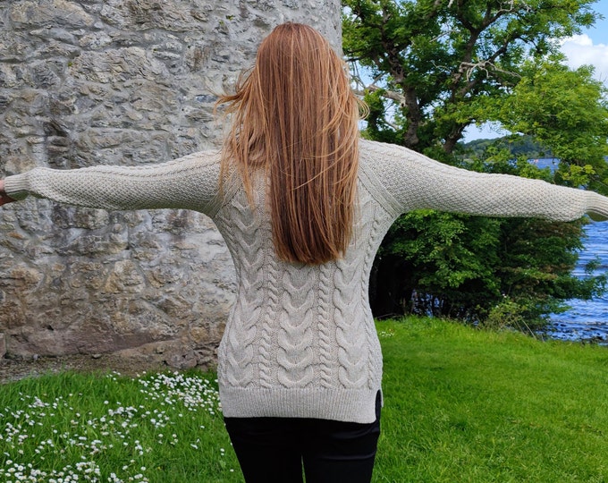 Ladies Irish Aran Cashmere / Merino Wool Long Sweater - Beige Parsnip Oatmeal - V neck - Super Soft, Warm & Chunky - HANDMADE IN IRELAND