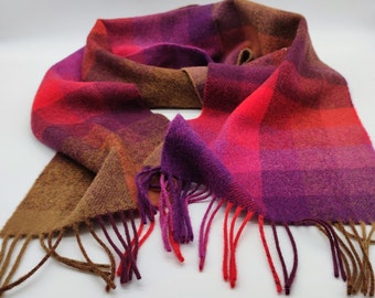 Irish Soft Lambswool Scarf - Purple/Red/Beige - Shadow Block Check  - 10" X 78" (25cmX200cm) - 100% Pure New Wool - HANDMADE IN IRELAND