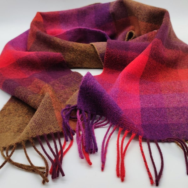 Ierse zachte lamswollen sjaal - Paars/Rood/Beige - Shadow Block Check - 10" X 78" (25cmX200cm) - 100% Pure Nieuwe Wol - HANDGEMAAKT IN IERLAND