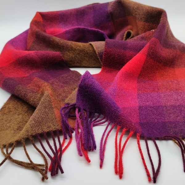 Irish Soft Lambswool Scarf - Purple/Red/Beige - Shadow Block Check  - 10" X 78" (25cmX200cm) - 100% Pure New Wool - HANDMADE IN IRELAND