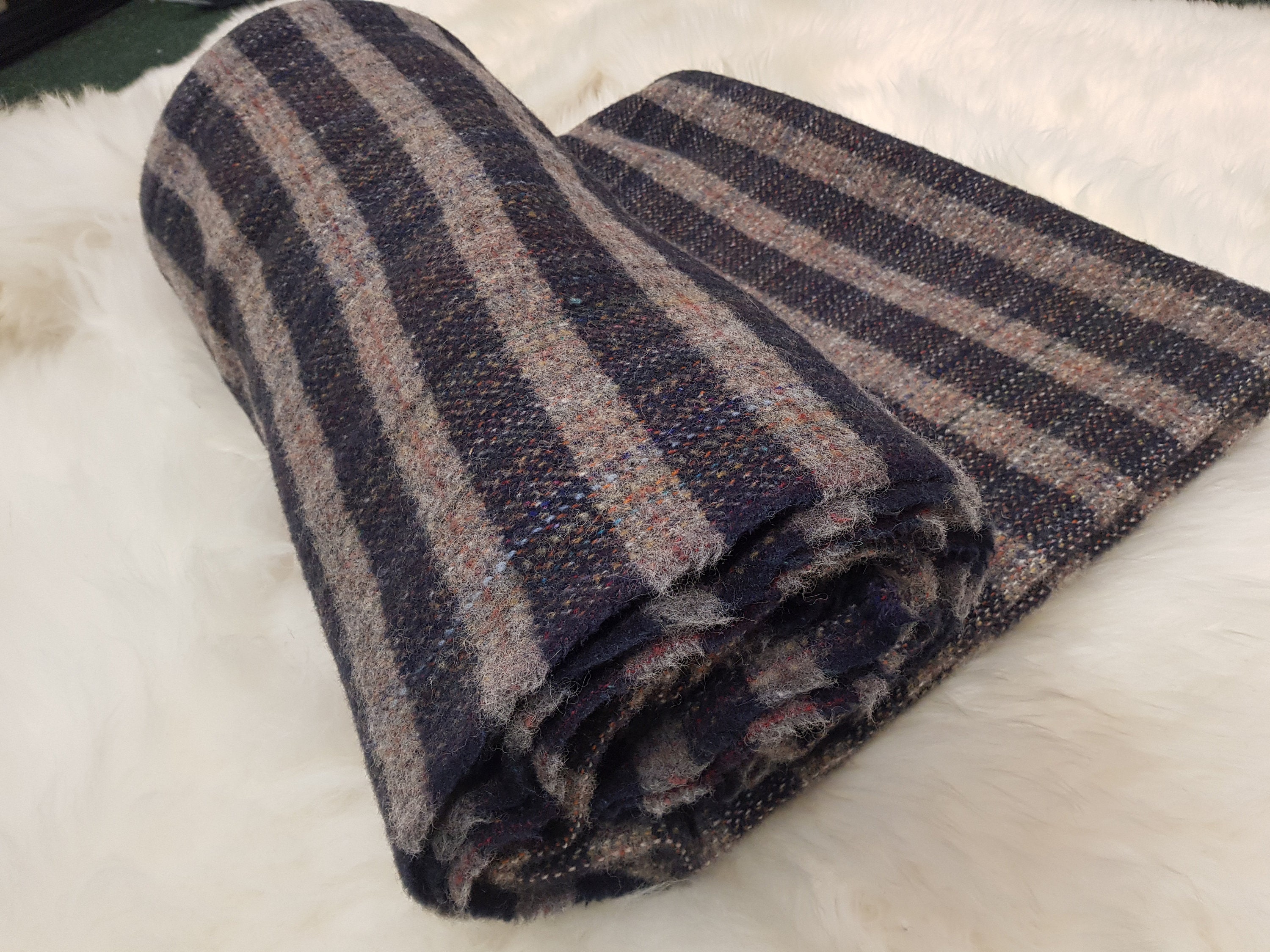 Pure new wool Queen size bed throw / blanket -chunky & heavy navy/grey