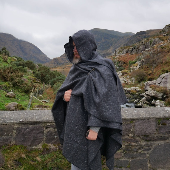 Irish Donegal Tweed Hooded Ruana Wrap Cape Black/ -  Canada