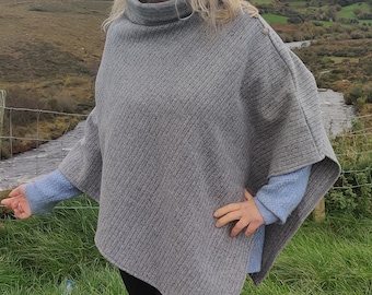 Irish tweed wool turtleneck poncho - 100% pure new wool - striped grey- very warm - ready for shipping - HANDMADE IN IRELAND