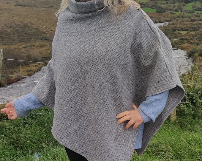 Irish tweed wool turtleneck poncho - 100% pure new wool - striped grey- very warm - ready for shipping - HANDMADE IN IRELAND