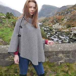 3in1-Irish tweed wool poncho,cape&shawl-black and white houndstooth- diamond shape -ready for shipping - Handmade in Ireland - FREE SHIPPING