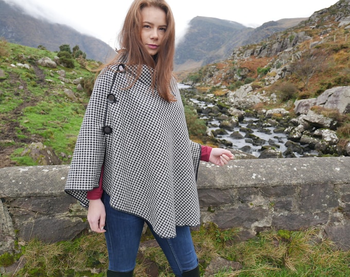 3in1-Irish tweed wool poncho,cape&shawl-black and white houndstooth- diamond shape -ready for shipping - Handmade in Ireland - FREE SHIPPING