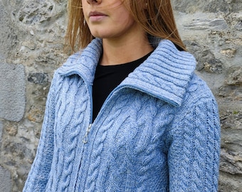 Irish Aran Polo Zip Cardigan With Pockets - 100% Merino Wool - Sky Marl Blue - Soft , Chunky & Really Warm / Breathable - MADE IN IRELAND