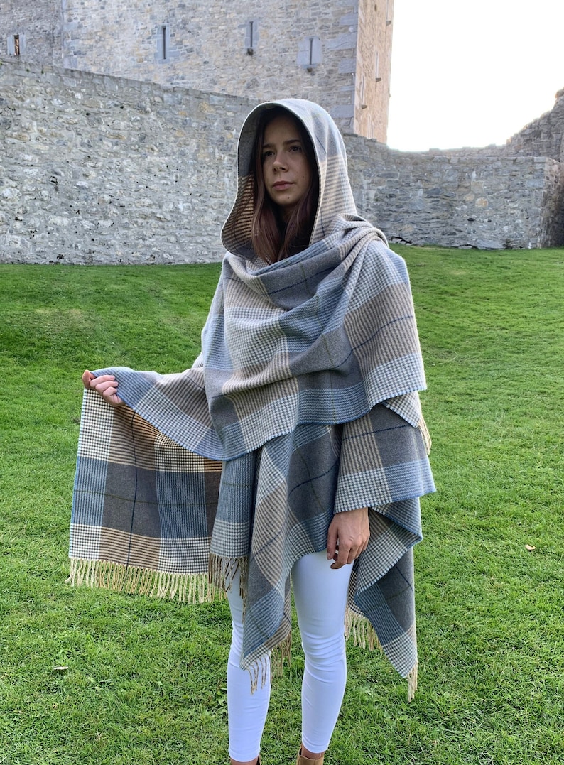 Hooded Supersoft Lambswool Cape, Ruana, Wrap , Shawl 100% Pure New Wool Cream Taupe Denim Check One Size Fits All HANDMADE IN IRELAND image 2