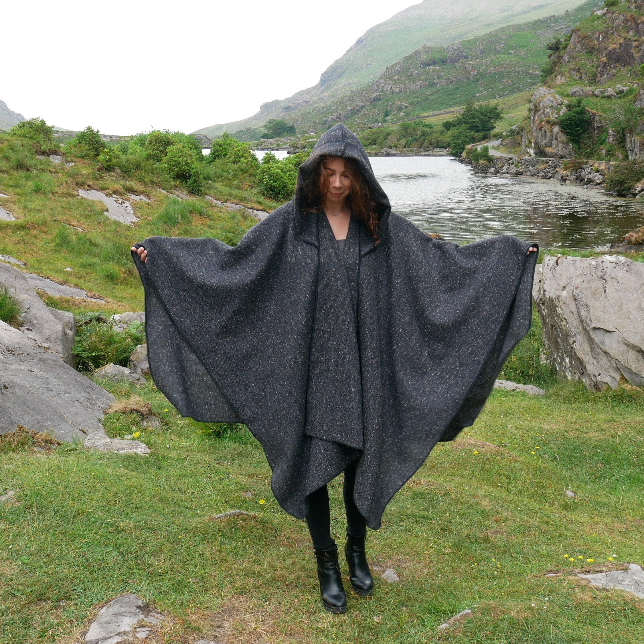 Hooded Irish Pure Lambswool Cape, Ruana, Wrap , Shawl - 100% Pure New Wool  - Grey Denim Check - Supersoft - HANDMADE IN IRELAND