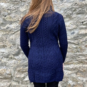 Irish Aran Ladies Zipper Long Cardigan / Jacket With Pockets 100% Pure Merino Wool Deep Water Blue / Navy Soft&Chunky MADE IN IRELAND image 5