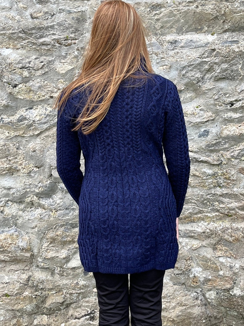 Irish Aran Ladies Zipper Long Cardigan / Jacket With Pockets 100% Pure Merino Wool Deep Water Blue / Navy Soft&Chunky MADE IN IRELAND image 5