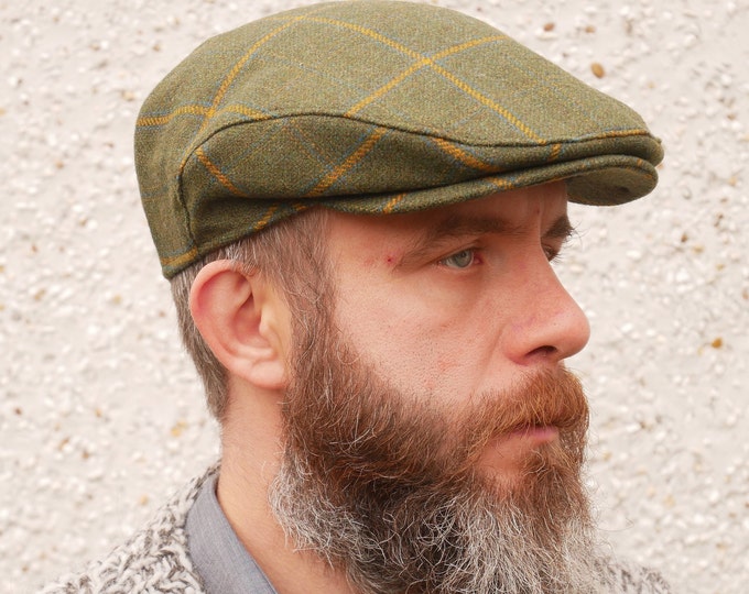 Traditional Irish tweed flat cap - green with yellow check - 100% wool -padded - ready for shipping - HANDMADE IN IRELAND