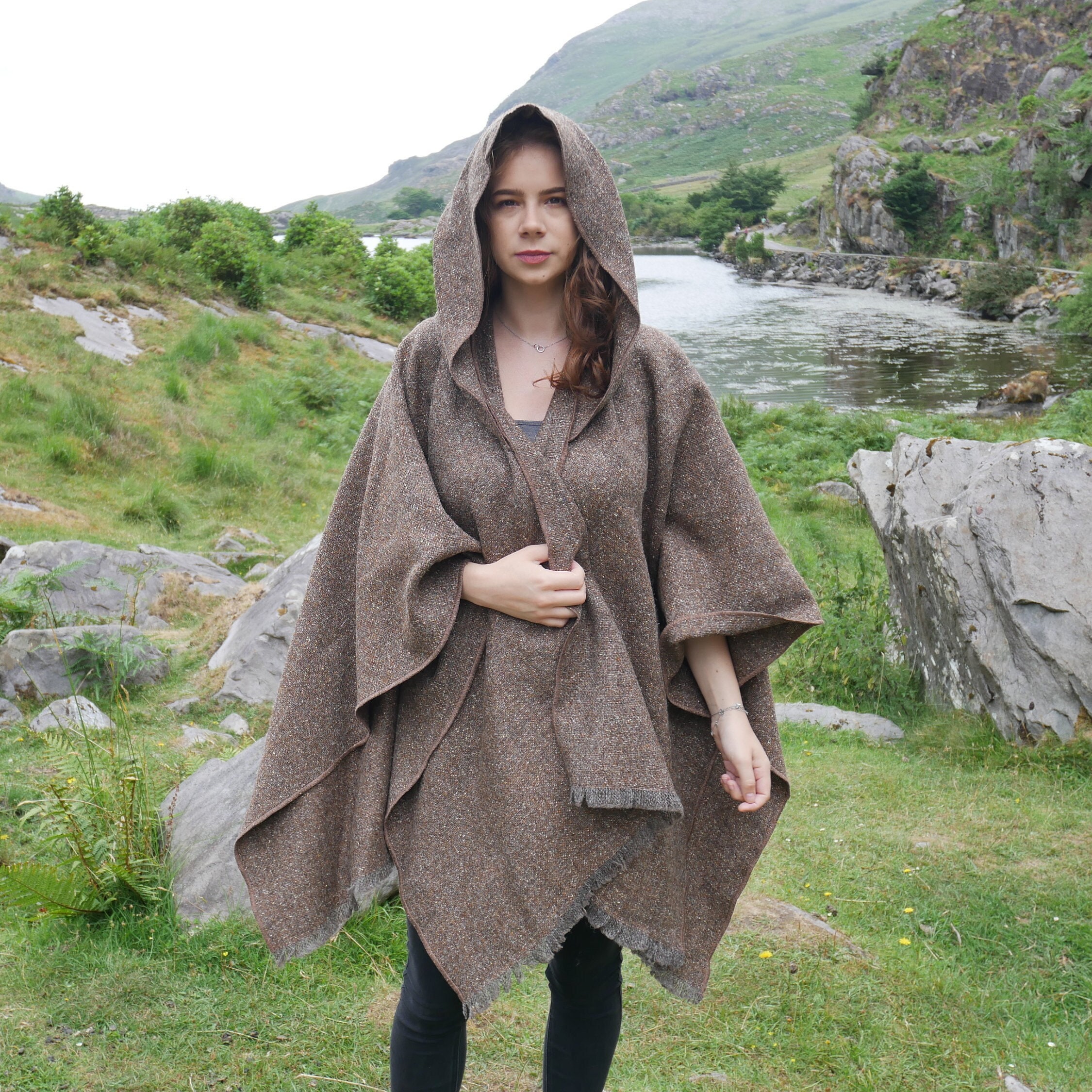 Irish Donegal Tweed Hooded Cape, Ruana, Cloak, Robe - Brown/Grey