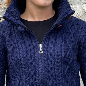 Irish Aran Ladies Zipper Long Cardigan / Jacket With Pockets 100% Pure Merino Wool Deep Water Blue / Navy Soft&Chunky MADE IN IRELAND image 2